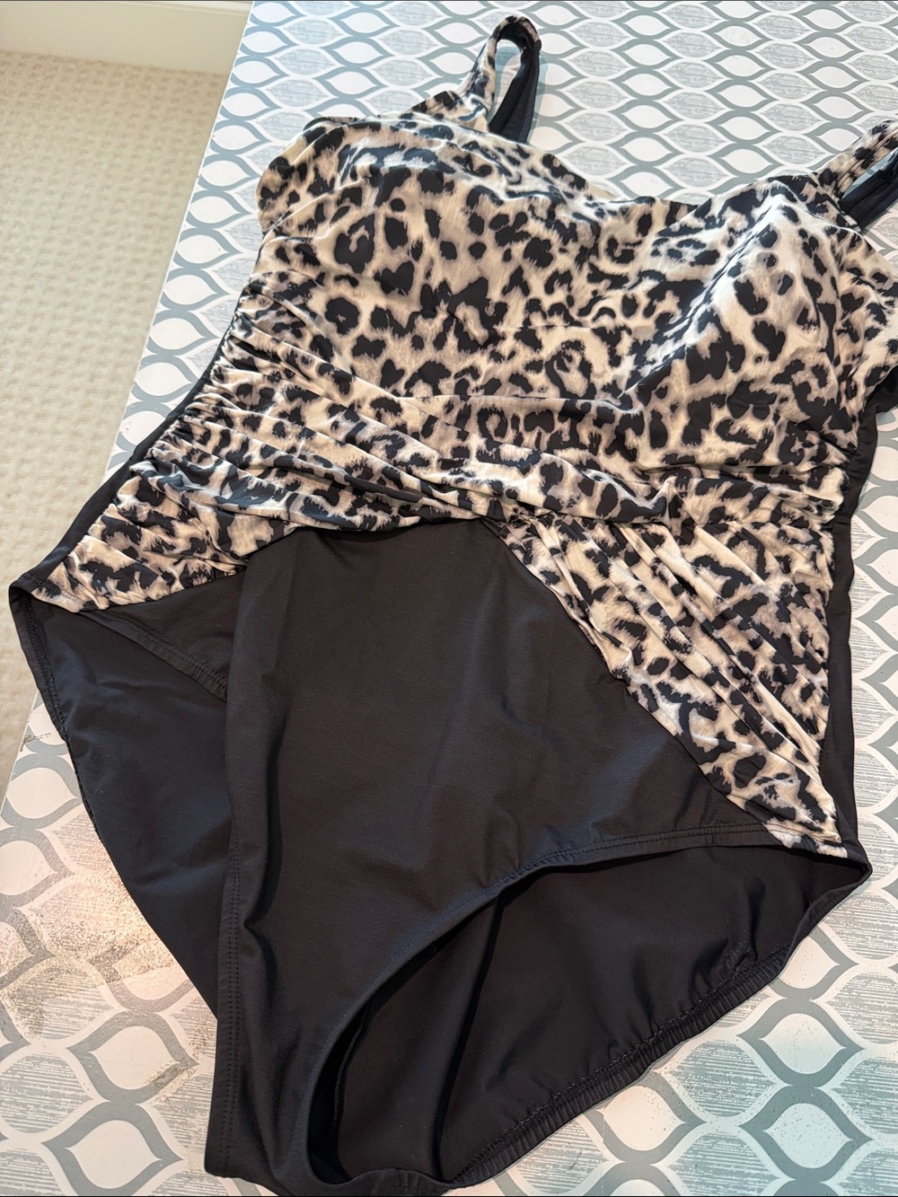 Lands' End Black One-Piece Swimsuit with Leopard Accent. Size 18DD